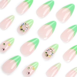 French green almond press-on nails with colorful rhinestones and glossy finish