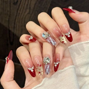 Red French Press On Nails Long Almond Heart Polka Dot Rhinestone Glitter Luxury Manicure For Women