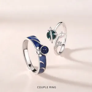 S925 Sterling Silver Astronaut Planet Couple Ring Adjustable Blue Enamel Galaxy Star Universe Romantic Jewelry Gift For Men Women