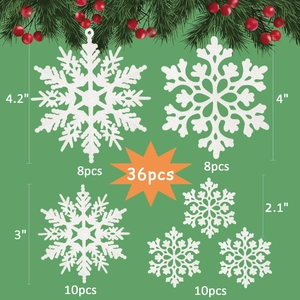 36-piece set of white glitter snowflake ornaments in various sizes for Christmas decor