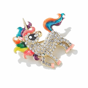 Elegant gold unicorn brooch with colorful enamel mane and sparkling rhinestones