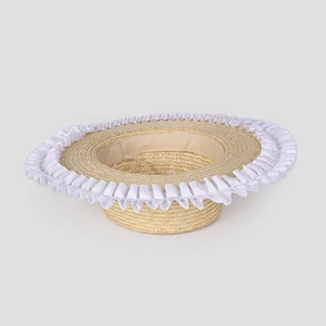 Straw sun hat with wide brim featuring sweet white lace trim and pearl accents for summer