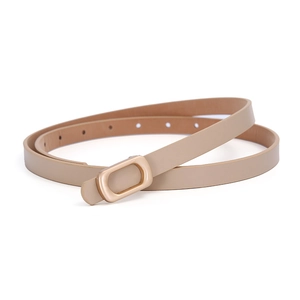 Slim women's PU leather belt in beige with gold oval buckle for dresses and jeans