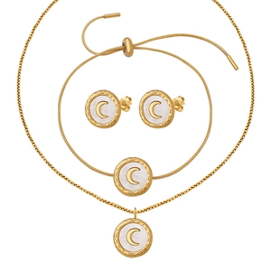 French style gold titanium steel jewelry set with white shell moon necklace and earrings