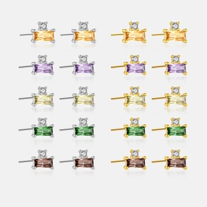 Simple 925 Sterling Silver Rectangle Rhinestone Stud Earrings For Women Elegant Geometric Colorful Stone Jewelry Minimalist Small Earrings Gift