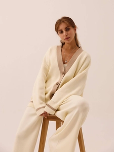 Chic knit lounge set with V-neck button cardigan and high-waisted loose trousers