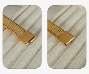 Detail view showing the magnetic gold metal buckle mechanism in open and closed states