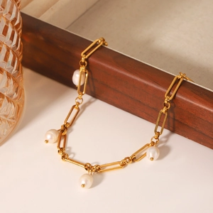 18K gold plated stainless steel OT buckle bracelet with white freshwater pearls for women