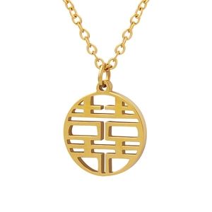 Gold double happiness character pendant necklace in stainless steel with hollow design
