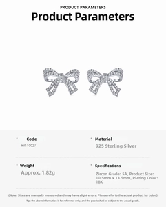 Detailed specs of 925 sterling silver bow earrings with 5A zircons and 18K plating