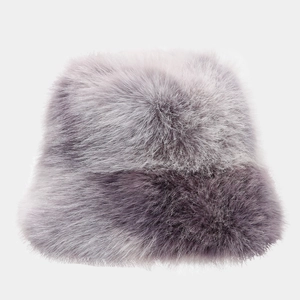 Detailed view of the soft grey faux fur texture on this winter bucket hat for women