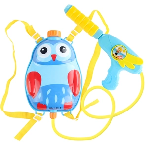 Kids backpack water gun toy with owl design in yellow and light blue, outdoor summer play