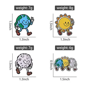 Detail view of the Happy Earth cartoon metal brooch showing precise dimensions and weight