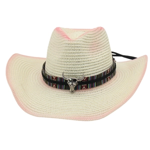 Chapeau de cowboy en paille avec bord dégradé rose et tête de taureau argentée