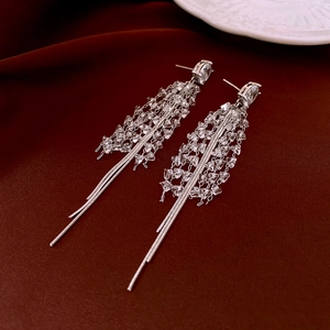 Détail de boucles d'oreilles pampilles en argent avec zircon sur fond de velours rouge