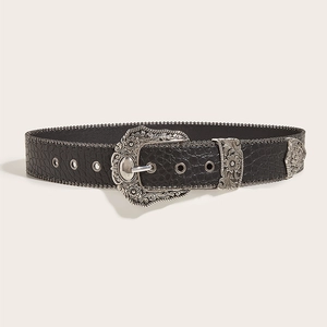 Western style black belt with crocodile pattern and ornate silver-toned metal buckle