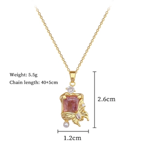 Detail of gold necklace with pink stone and pearl pendant showing dimensions and weight