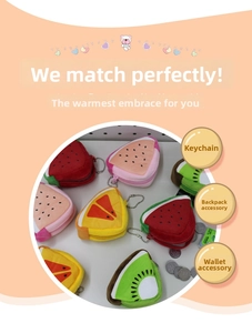 Detail of plush fruit coin purses including watermelon and kiwi with metal zippers
