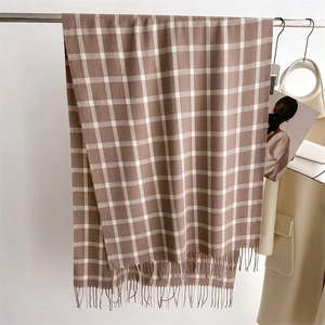 Detail of classic brown and white plaid scarf with fringe tassels on a hanger