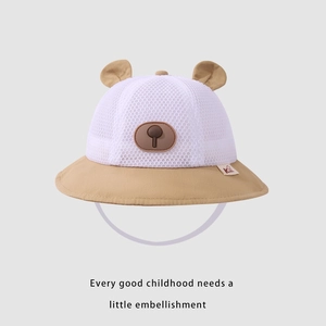 Detail of baby summer sun hat with breathable mesh crown and cute bear ears