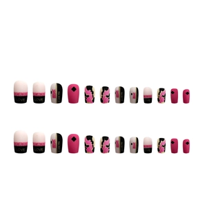 Short square pink and black press-on nails with leopard print and love letter patterns