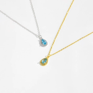 S925 sterling silver necklace with teardrop blue zircon pendant in gold and silver