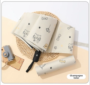 Detail of automatic champagne umbrella featuring hand-drawn cat prints and matching cover