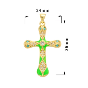18K gold plated cross pendant with green enamel and crystal stones for jewelry making
