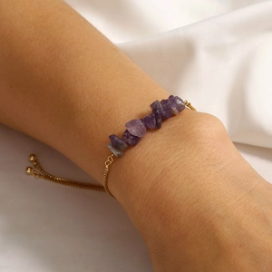 Adjustable natural purple amethyst gravel stone chain bracelet with gold slider closure