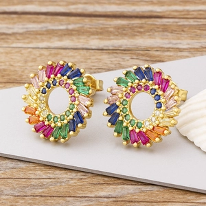 Western Style 18K Gold Plated Copper Zirconia Sunflower Stud Earrings Multicolor Rainbow Round Earrings Banquet Jewelry For Women