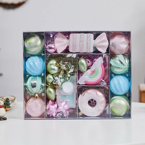 Pastel macaron Christmas ornaments set with candy and rainbow shapes in a gift box