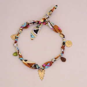 Bohemian silk scarf necklace with colorful geometric prints and golden heart pendants