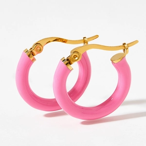 Polished gold stainless steel hoop earrings with vibrant pink enamel finish for women