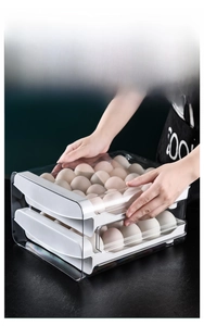 Double-layer stackable drawer egg storage box with transparent case and white trays