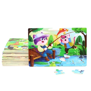 Educational wooden jigsaw puzzle for toddlers featuring a colorful cartoon fishing cat