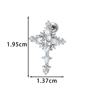 Silver cross stud earring with micro-set cubic zirconia and starburst lace design