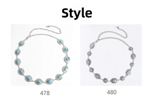 Detail view of retro turquoise metal waist chains in styles 478 and 480 with silver frames