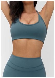 Détail de l'ensemble brassière de sport et legging de yoga taille haute bleu canard aux coutures plates