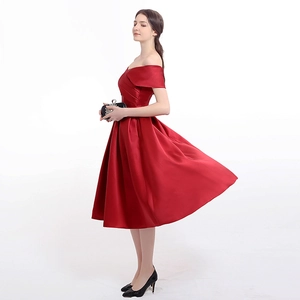 Elegant burgundy off-shoulder satin midi dress for formal banquets and weddings
