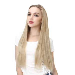 Detail showing long straight blonde hair extension with smooth texture on white background