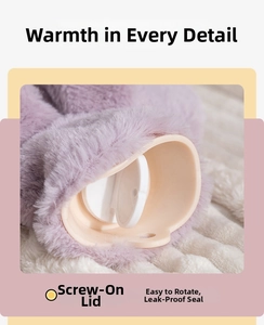 Detail of purple faux rabbit fur hot water bottle with white leak-proof screw cap