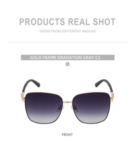 Detaillierte Vorderansicht der quadratischen Sonnenbrille mit Goldrahmen und Grauverlauf