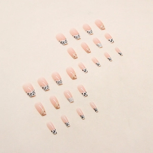 Faux ongles French rose avec motif léopard et vache forme cercueil longue lot de 24