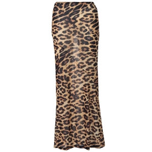 Detailed view of sexy leopard print mesh fabric texture on high waist long bodycon skirt