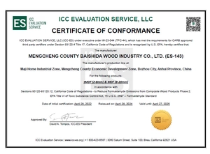 Official ICC compliance certificate for MDF boards showing formaldehyde emission standards