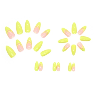 Faux ongles amande avec pointes françaises en V jaunes et finition nude brillante
