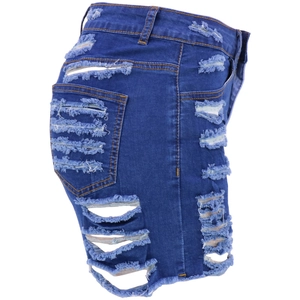 High-waist blue denim shorts with distressed ripped details and frayed hem in side view