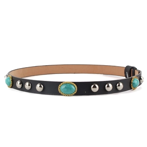 Black leather belt featuring oval turquoise stones and silver metallic rivets on white back