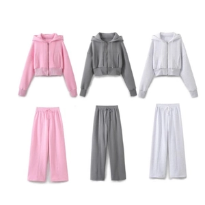 Women Cropped Zip Up Hoodie And High Waist Wide Leg Pants Sporty Casual Solid Cotton Polyester Knit Lounge Outfit