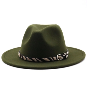 Detail of dark green wool felt jazz hat featuring zebra print band and silver metal buckle